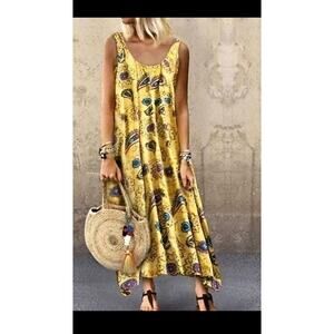 Women's Sleeveless Yellow Jewel Toned Boho Trapeze Flowy Dress Small